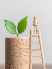 A figure on a ladder reaching towards a growing plant, symbolizing growth and ambition.