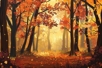 Poster - A tranquil forest reveals tall trees adorned with bright fall leaves, casting warm hues under gentle sunlight during autumn. Generative AI
