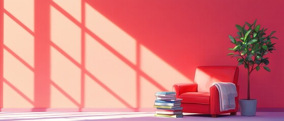 Sticker - Cozy Living Room with Red Armchair, Books and Plant.