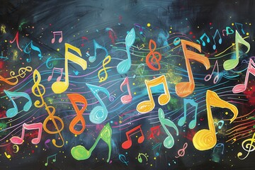 Aufkleber - Bright brushstrokes and musical notes come together on a chalkboard, creating an artful display that celebrates music and creativity. Generative AI