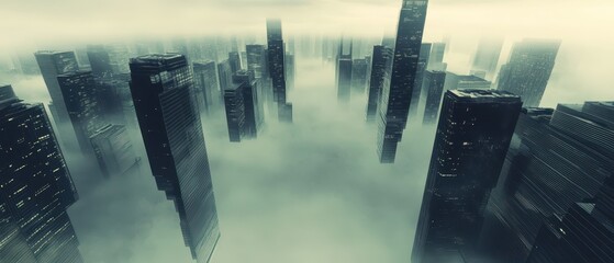 Canvas Print - A misty city skyline emerges from fog, showcasing towering skyscrapers shrouded in an ethereal atmosphere, creating a sense of mystery and calm.