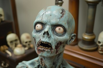 Sculpture of a terrifying zombie with torn blue skin