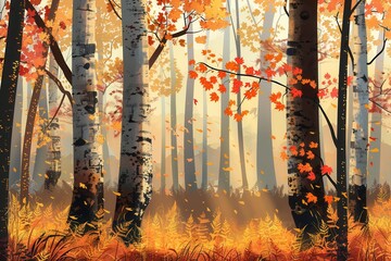 Aufkleber - Bright autumn leaves blanket the forest, casting a warm glow as sunlight filters through the trees, creating a tranquil atmosphere. Generative AI