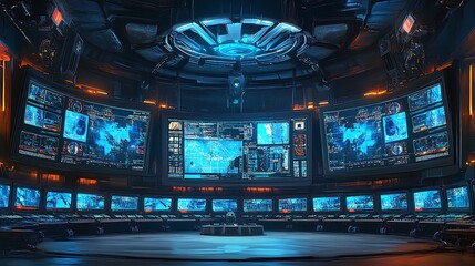 Wall Mural - Futuristic Control Room with Multiple Monitors Displaying Data and Information.