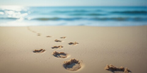 Footprints in Sand on Beach with Blurred Ocean Background