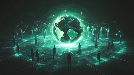 Poster - digital illustration glowing earth human connected lines global communication network networking con
