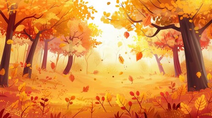 Aufkleber - Stroll through a golden autumn forest where trees shine with vibrant leaves and gentle breezes carry fallen foliage to the ground. Generative AI