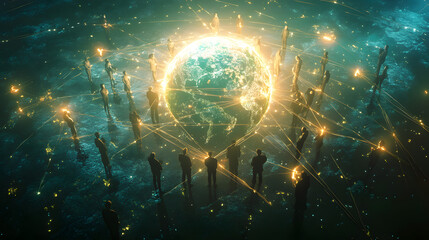 Poster - digital illustration glowing earth human connected lines global communication network networking con