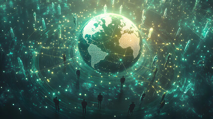 Poster - digital illustration glowing earth human connected lines global communication network networking con