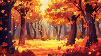 Aufkleber - A golden autumn forest features trees adorned with vibrant fall leaves, bathed in soft sunlight that illuminates the ground. Generative AI