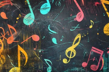 Aufkleber - A chalkboard showcases a dynamic array of colorful brushstrokes alongside musical notes and symbols, celebrating creativity and music. Generative AI