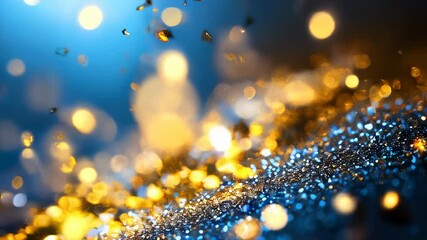 Wall Mural - Abstract celebration scene with golden confetti and blue bokeh lights, creating a festive and joyful atmosphere with shimmering sparkles.