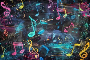 Aufkleber - The chalkboard showcases a lively mix of colorful brushstrokes and musical notes, blending art with sound in a creative environment. Generative AI