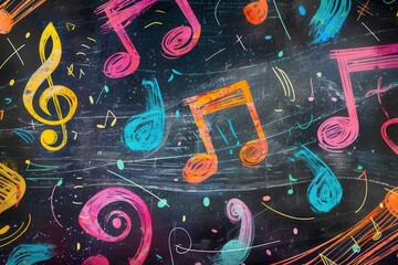 Poster - A chalkboard decorated with lively brushstrokes and various musical notes showcases artistic expression in a vibrant learning environment. Generative AI