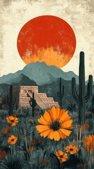 A painting of a desert landscape with a large sun and a cactus. Generative AI