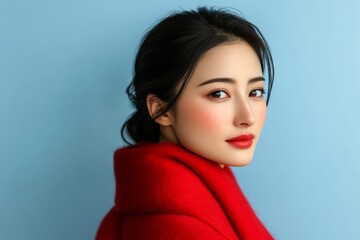 美しい女性が青い背景の前で赤いコートを着て微笑む瞬間を捉えたポートレート