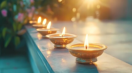 Temple steps decorated with glowing candles, golden light and festive atmosphere