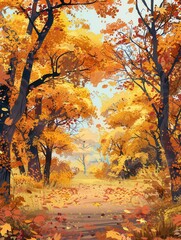 Aufkleber - A beautiful autumn forest filled with golden leaves and trees showcases the vibrant colors of fall, inviting exploration and appreciation. Generative AI