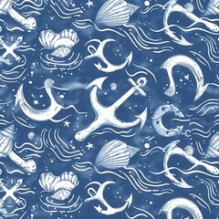 Leinwandbilder - This design showcases a pattern adorned with anchors, shells, and flowing waves set against a deep blue background. Generative AI