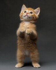 Cute little kitten standing on hind legs on grey background, studio shot. Front view.