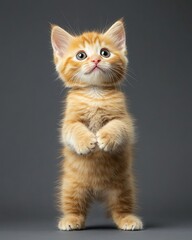 Cute little kitten standing on hind legs on grey background, studio shot. Front view.