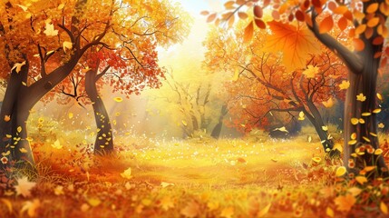 Poster - A tranquil forest showcases trees with bright fall leaves, creating a golden atmosphere as leaves gently fall to the ground. Generative AI