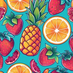 Aufkleber - A lively design showcasing an array of tropical fruits including pineapples, strawberries, and oranges set against a bright blue backdrop. Generative AI