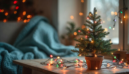 Wall Mural - Little Christmas tree on a wooden table surrounded by colorful Christmas lights bokeh