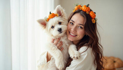 Woman with long brown hair holding her cute small white dog over a bright white background both wear matching orange pumpkin diadems halloween concept