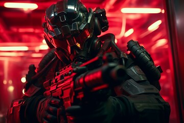 Futuristic Soldier In Red Lit Environment Holding Weapon