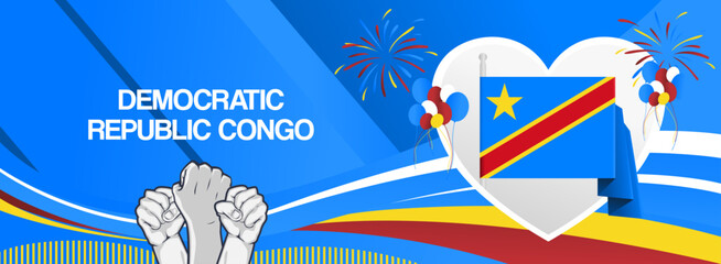 DR Congo national day festive banner. Vibrant modern template for national holiday celebration with raised hands and flag. June 30th. Happy independence Democratic Republic of the Congo