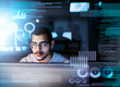 © peopleimages.com - Man, programmer and hologram in night for software, ui or big data analysis with graphs, stats and info. Person, reading and computer for digital transformation, future or user experience with script