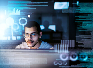 Leinwandbilder - Man, programmer and hologram in night for software, ui or big data analysis with graphs, stats and info. Person, reading and computer for digital transformation, future or user experience with script