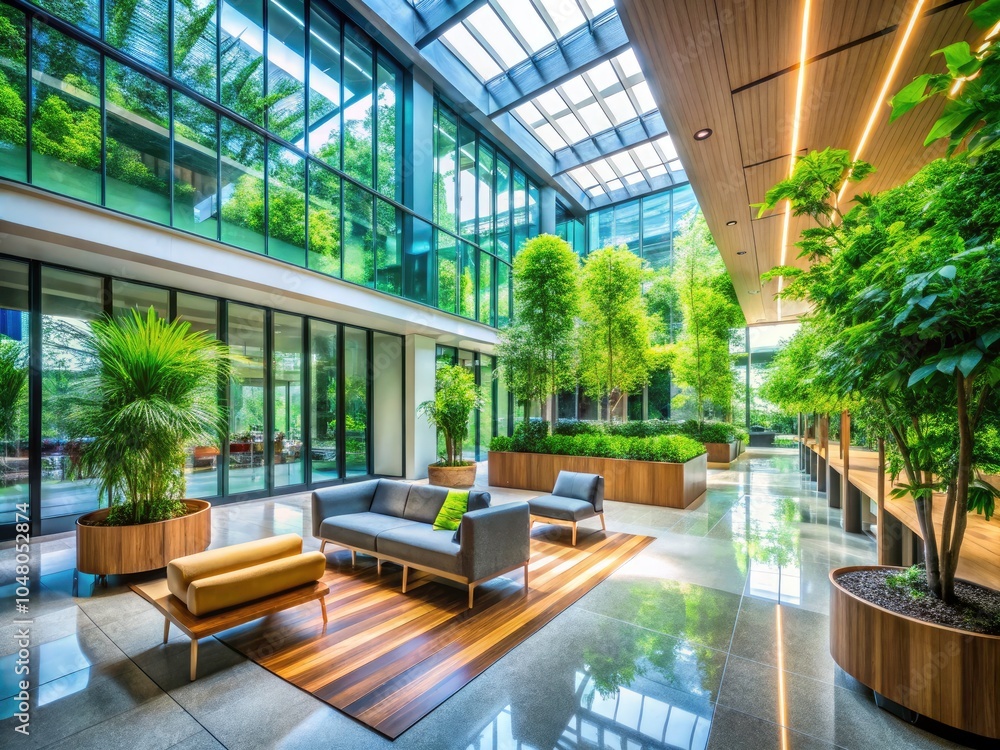 Modern Office Lobby with Minimalist Design, Glass Walls, Greenery, and ...