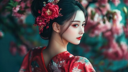 Wall Mural - Asian beautiful model young woman on her back background wallpaper AI generated image