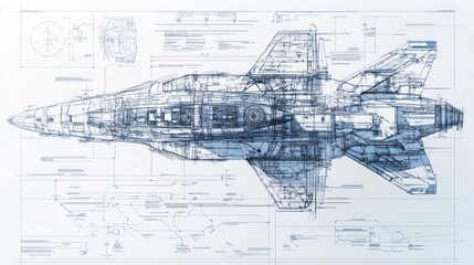 a highly detailed blueprint of a futuristic spaceship, showcasing intricate design elements and tech