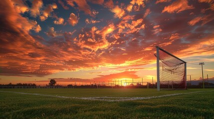 Wall Mural - sunset over a soccer field with a goal net
