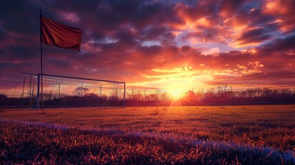 Wall Mural - a soccer goal stands silhouetted against a vivid sunset sky