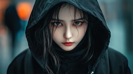 Wall Mural - Anime style mysterious female character with sharp gaze hood fashion background wallpaper AI generated image