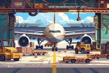 Aufkleber - A large cargo airplane is on the runway, being loaded and unloaded with various equipment in use under sunny skies. Generative AI