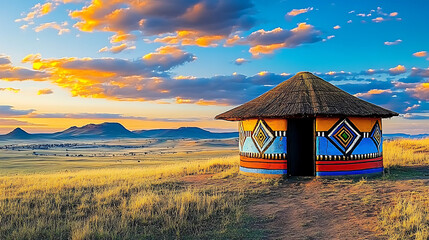 Colorful traditional Ndebele hut in South African plains at sunset. created with Generative AI technology