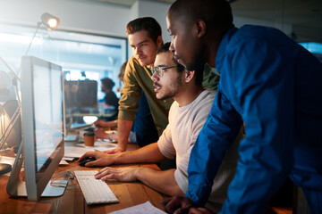 Leinwandbilder - Office, team and business people with discussion by computer for server, launch and planning. Programming, support and IT developer with tech at night for backend development, testing and debugging