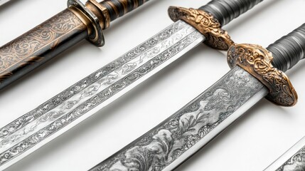 Close-up of Asian swords and ceremonial weapons from ancient times, set on a bright white background, ultra-detailed blade engravings and hilt designs, soft natural lighting