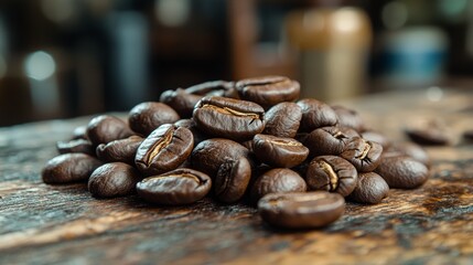 Close-up of roasted coffee beans on rustic wooden surface