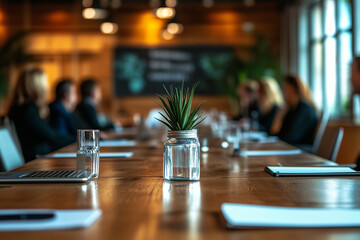 Point of view of chief executive officer in conference presentation, Meeting table with colleague and presentation information paper, Committed employee discussion in office.	