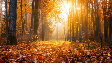 Poster - Golden leaves blanket the forest floor as sunlight streams through the trees, creating a serene autumn atmosphere. Generative AI