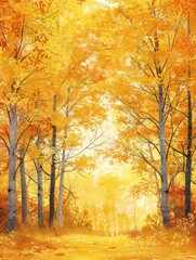 Aufkleber - Wander through a peaceful golden forest, where tall trees showcase brilliant autumn leaves, inviting reflection and tranquility. Generative AI
