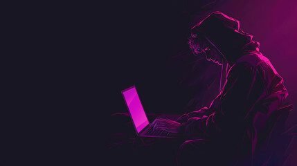 Abstract polygonal hacker with laptop on technology dark background. Cyber attack and cyber security concepts. Computer hacking. Digital technology. Man in hoodie. 3D low poly illustration.