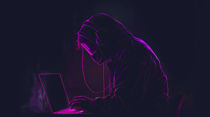 Abstract polygonal hacker with laptop on technology dark background. Cyber attack and cyber security concepts. Computer hacking. Digital technology. Man in hoodie. 3D low poly illustration.
