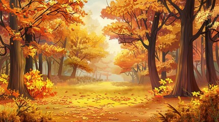 Poster - A serene forest path unfolds, surrounded by towering trees adorned with bright autumn leaves, creating a peaceful and warm atmosphere. Generative AI